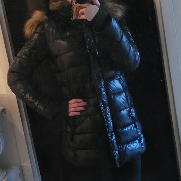 S13 Women's High-Shine Black Puffer Coat with Faux-Fur Hood XS - Picture 6 of 9